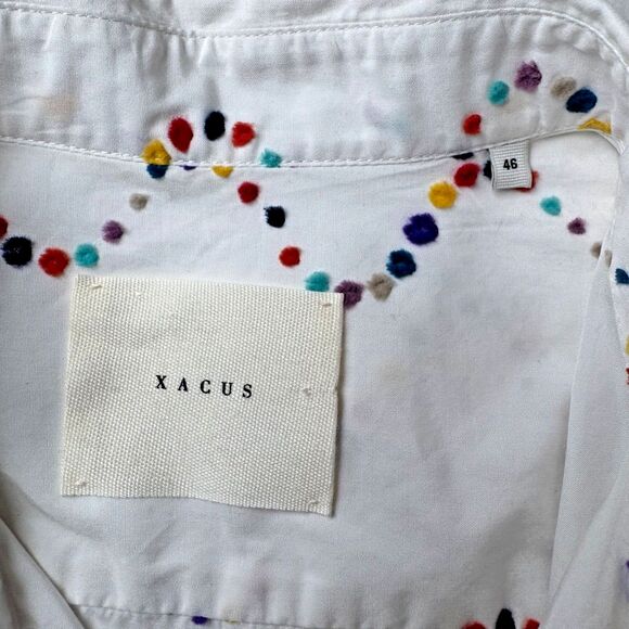 Xacus Mens Italian Button Up Shirt EU 46 White Multicolor Embroidered Wavy Dots - Picture 6 of 14